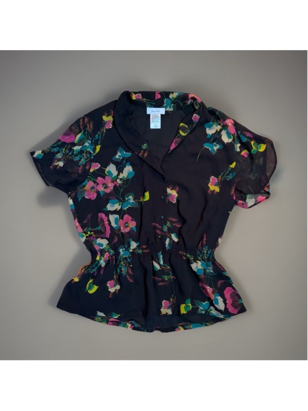 Kate Hill Black Floral Peplum Blouse Elastic Waist - Size 14